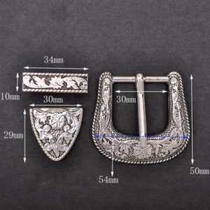 Western Cowboy Silver Flower Engraved Belt Pin Buckle 3pc/Set Fits 1-1/8" Strap - Picture 1 of 12