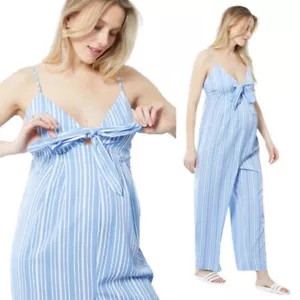 NWT Ingrid & Isabel Maternity Striped Tie Front Wide Leg Jumpsuit Blue White XL - Picture 1 of 10