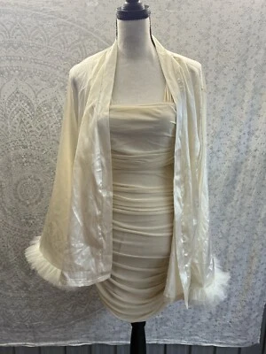 Juego de 2 piezas, bata y vestido brillante satinado beige para mujer, puño borroso, mediano Foto 1 de 4