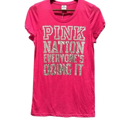 PINK NATION Everyone IS DOING IT Victoria's Secret Hot Pink Shirt Size Large NEW - Image 1 of 4