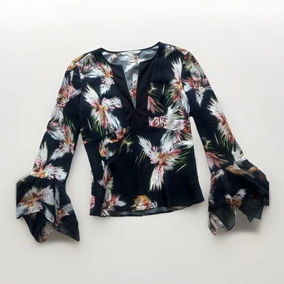 Blusa Diane Von Furstenberg Seda LS Top Talla 4 Seda Floral Negra Cuello Dividido Foto 1 de 4