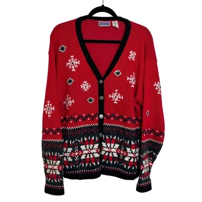 Vintage North Crest Holiday Christmas Snowflake Cardigan Sweater Size XL Red 90s - Image 1 of 4