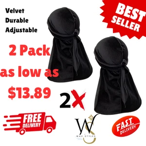 1-2 Pcs Black Velvet Durag Men Unisex Long Tail Soft Durag Headwrap 360 Wave Cap - Picture 1 of 1