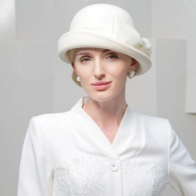 Sombrero de bombín de fieltro de lana blanco para mujer formal boda novia fiesta sombreros con lazo Foto 1 de 4