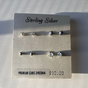 Sterling Silver 925 Stud Earrings Set Of 4 Cubic Zirconia New On Card Minimalist - Picture 1 of 4