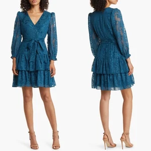 NUEVO VESTIDO DE CÓCTEL ELIZA J Teal BURNOUT Manga Larga Falda En Niveles Imitación Envoltura 10 - Imagen 1 de 16