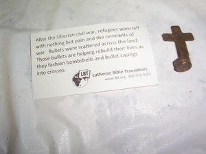 COPPER BULLET SHELL CROSS/ LIBERIAN CIVIL WAR/1" X 2 1/2"/ w card - Picture 1 of 4