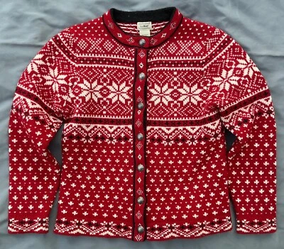 Cardigã suéter LL Bean norueguês floco de neve lã de cordeiro vermelho/branco+ feminino P EXC - Imagem 1 de 4