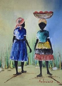 Ambroise Domec Two women in the Countryside Haitian Naif Folk Art Painting Haiti - Picture 1 of 5