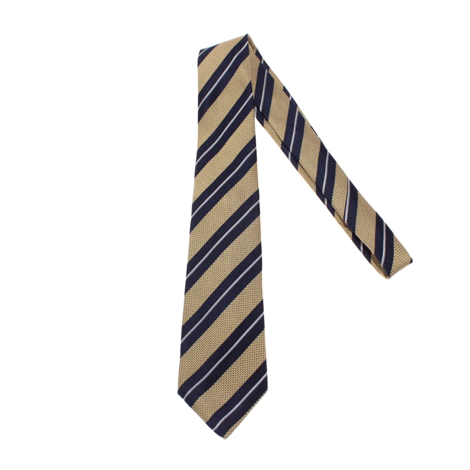 Kiton 全新无标签 100% 真丝七折领带黄色/海军蓝混色带海军蓝条纹 — 第 1/4 张图片