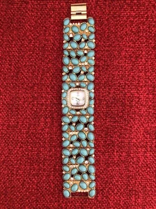 Vintage ADRIENNE Turquoise Watch Pearl Face Rhinestone Gold Bling Bracelet EUC - Picture 1 of 6