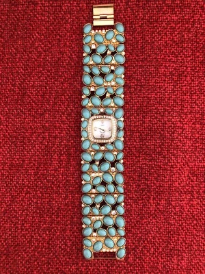 Vintage ADRIENNE Turquoise Watch Pearl Face Rhinestone Gold Bling Bracelet EUC  - Image 1 of 4