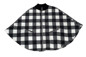 Le Moda Pancho Women’s ONE SIZE White Black Checkered Fleece Zipper Pockets EX - Picture 1 of 2