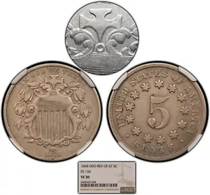 1868 Rev 67 5c Shield Nickel - DDO - FS-104 Doubled Die Obv - NGC VF 30 - B2246 - Picture 1 of 9