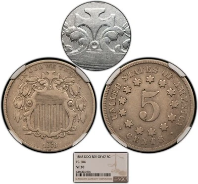 1868 Rev 67 5c Shield Nickel - DDO - FS-104 Doubled Die Obv - NGC VF 30 - B2246 - Image 1 of 4