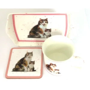CERAMIC CHINA CALLICO CAT THEME MUG WITH COASTER + TRAY SET By LEONARDO - Picture 1 of 1