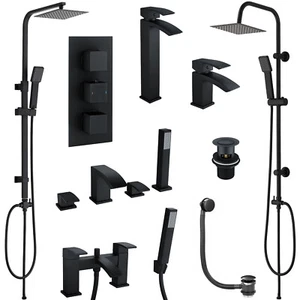 Matt Black Modern Square Bathroom Basin & Bath Taps & Thermostatic Shower Mixers - Picture 1 of 77