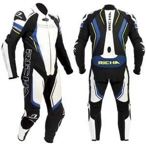 RICHA Francorchamps 1 PZ NERO / Blu/GIALLO MOTO GARA PELLE TUTA - Picture 1 of 2
