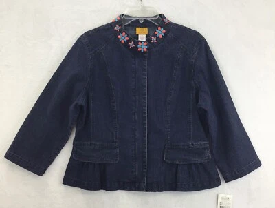 Ruby Rd / Embellished Beaded 3/4 Sleeve Zip Front Peplum Denim Jacket / Size 14 - Image 1 of 4