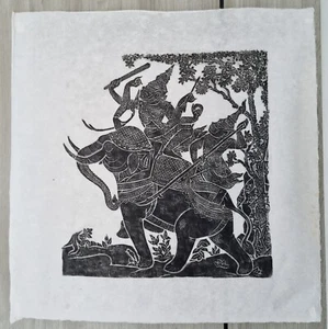 Thai Temple Rubbing Charcoal Elephant Dress Siamese Khon Rama Rice Paper Wat Pho - Bild 1 von 9