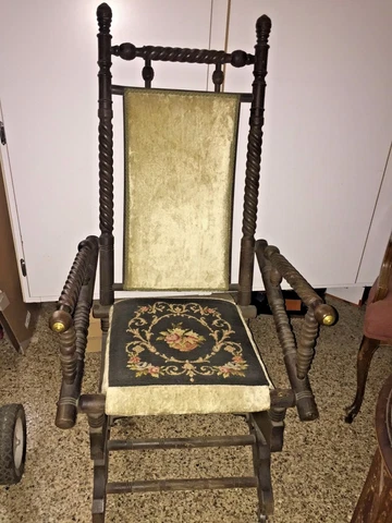 ANTIQUE EASTLAKE VICTORIAN TURNED WALNUT GOLD VELVET/NEEDLEPOINT ROCKING CHAIR Cover