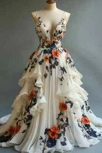 Vintage Wedding Dresses V Neck 3D Florals Tiered Backless A Line Bridal Gowns - Picture 1 of 9