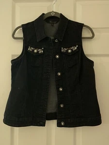 Baccini Button Up Jean Vest Sleeveless  Dark Wash Blue  Cotton ~  Petite Medium - Picture 1 of 9