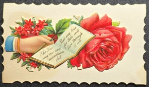 Viktorianische geprägte Valentinstag gestanzte Karte - Hand hält Blumen & rote Rose - Bild 1 von 3
