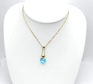 COLLANA ITALIANA CUORE TOPAZIO BLU ORO GIALLO 10K FATTA A MANO LUNGA 18" PENNINO #J274 - Foto 1 di 4
