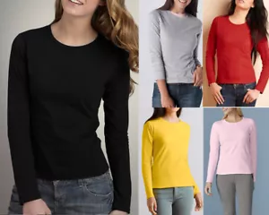 AU STOCK LADIES COTTON PLAIN BASIC LONG SLEEVE STRETCHY TOP TEE T-SHIRT T166 - Picture 1 of 15