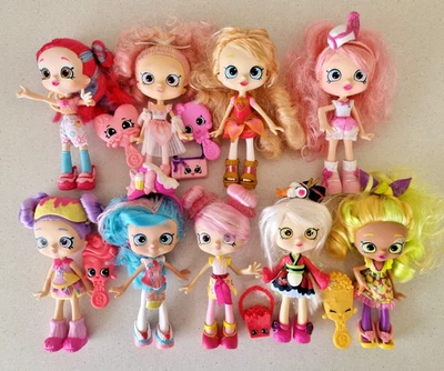 Bulk Lot of 9 Shopkins Shoppies Dolls w/- many accessories - all named, some HTF - image 1 of 4