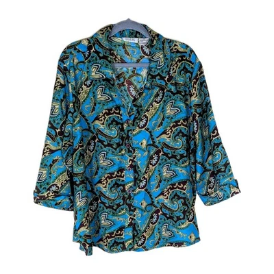 Blusa Deportiva Selene Para Mujer 2X Paisley Botón Frontal Top Azul Teal Estampado Boho... Foto 1 de 4