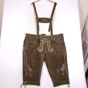 Leather Lederhosen 44 Brown Embroidered Oktoberfest Suspenders Bavarian Heritage - Picture 1 of 18