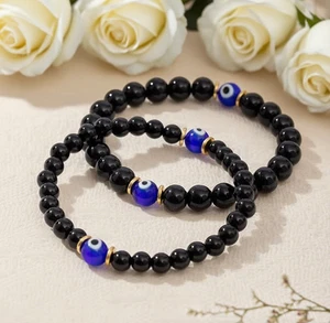 Black Tourmaline & Evil Eye 8mm Bracelet Protection & Manifestation Jewelry 1PC - Picture 1 of 3