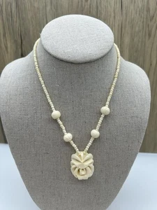 Vintage Ornate Carved Bovine Bone Beaded Flower Pendant Necklace - Picture 1 of 5