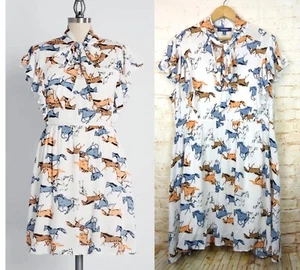 Modcloth Horse Print Dress 2X White Neck Tie Flutter Sleeve Downhome Darling NWT - Picture 1 of 15