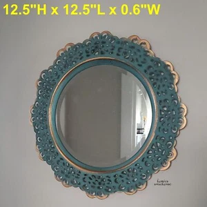 Rustic Small Accent Wall Mirror Round Iron Frame Coastal Decorative Teal Flower - Picture 1 of 12