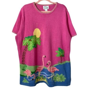 Vintage Quacker Factory Sweater Womens 1X Pink Chunky Knit Flamingo Palm Tree - Picture 1 of 12
