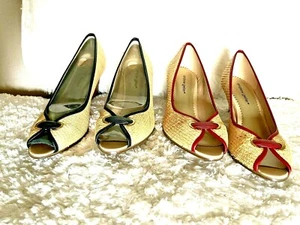 A78528 Andrew Geller Raffia Peep Toe Pumps SIZE 9 1/2 Medium. BLACK OR RED - Picture 1 of 14