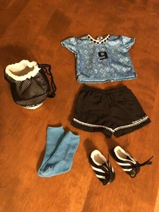 American Girl Soccer Outfit 18” Dolls Blue/Black #9 Top Shorts Cleats Socks Bag - Picture 1 of 12
