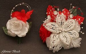Corsage Red Silver Rhinestone Wedding Prom BEADED LILY or 2 pc with Boutonniere