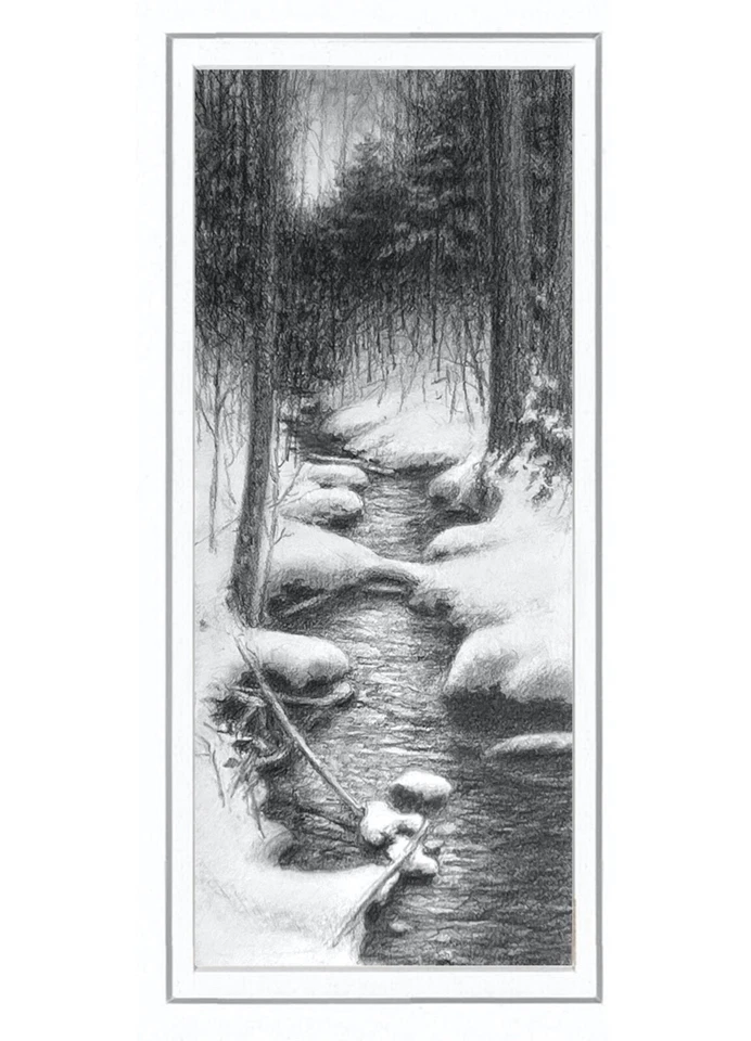 Dibujo, paisaje de invierno, Forest Stream, 3,5"x8", blanco y negro, grafito, lápiz Foto 1 de 1