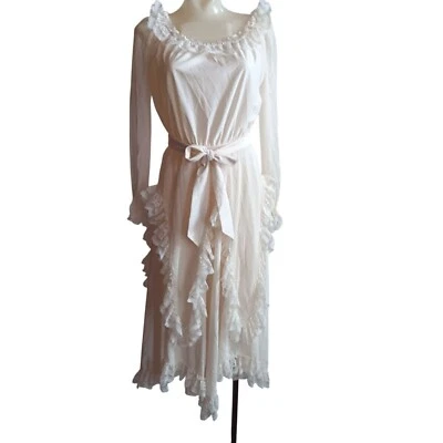 sz 11 Vintage 70s Boho Festival Wedding Dress Lace Trimmed Ruffled Neckline - Image 1 of 4