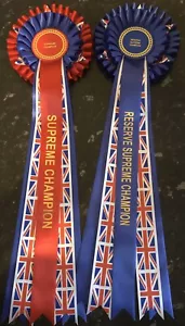 Champion & Reserve Champion Rosettes With Union Jack Ribbon & 5, 18inch Tails - Picture 1 of 3