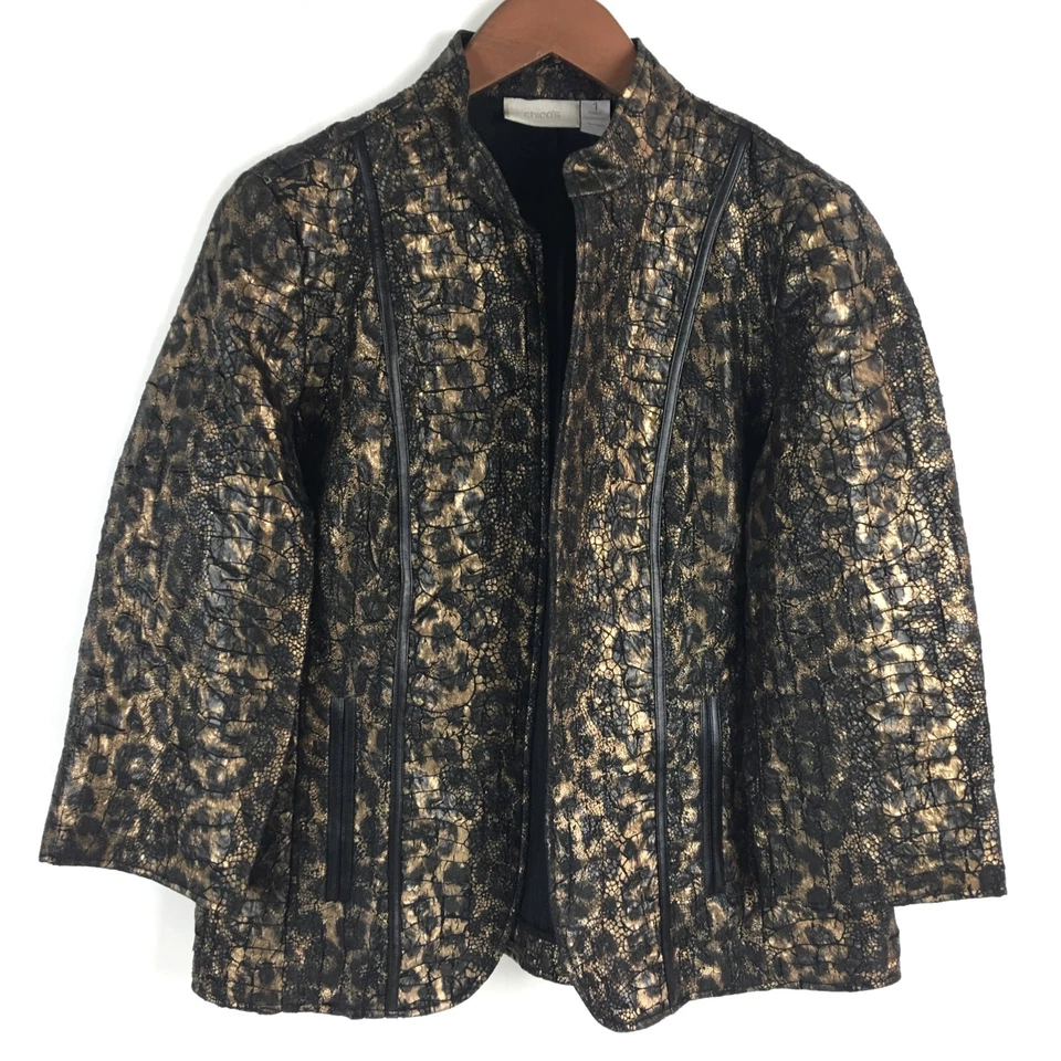 Chicos Womens Jacket 1 Black Brown Cheetah Print 3/4 Sleeve Open US Size Medium - Image 1 of 4