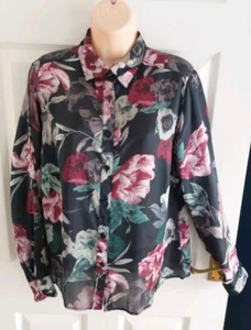 M&S Classic Navy Floral Satin Shirt Blouse 14 UK Button Collar Smart Work Top - Picture 1 of 6