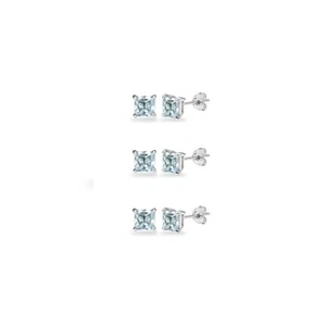 3-Pair Set Sterling Silver Blue Topaz Princess-Cut 4mm Square Stud Earrings - Picture 1 of 3