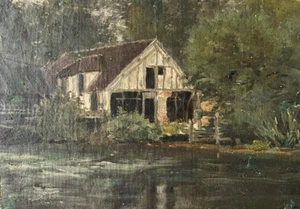 Antique Original Painting Landscape, River, House, Trees 19th century - Picture 1 of 8