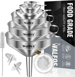 6pcs Stainless Steel Kitchen Funnels Set w/ Strainer & Brush for Liquid, Oil,.. - Picture 1 of 7