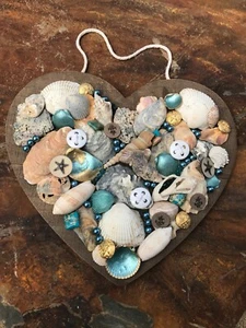 Heart-Shaped Sea Shell Wall Hanging Swarovski Crystals & Pearls, Vintage Buttons - Picture 1 of 5